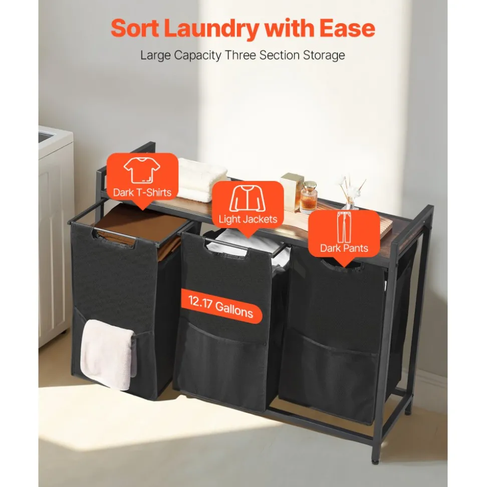 VEVOR 3 Section Laundry Sorter, Large Laundry Hamper with Metal Frame and Wooden Tabletop, Freestanding Storage Organizer Baskets with Pull-Out 600D Oxford Cloth Bags for Dirty Clothes, Bathroom