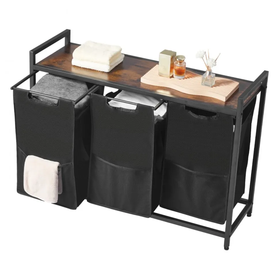 VEVOR 3 Section Laundry Sorter, Large Laundry Hamper with Metal Frame and Wooden Tabletop, Freestanding Storage Organizer Baskets with Pull-Out 600D Oxford Cloth Bags for Dirty Clothes, Bathroom