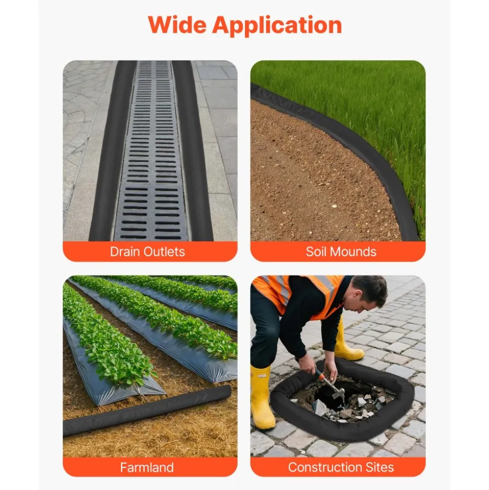 VEVOR Sediment Filter Sock, 4Pcs Erosion Control Socks Dia. 5 in x 10 ft L Coverage, Polypropylene Filler, Flexible & Efficient Silt Fence Socks for Storm-Water Management, Drainage Protection