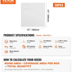 VEVOR Self Adhesive Vinyl Floor Tiles 12 x 12 inch, 50 Tiles 1.5mm Thick Peel & Stick, White Marble Texture DIY Flooring for Kitchen, Dining Room, Bedrooms & Bathrooms, Easy for Home Decor