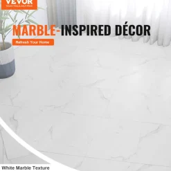 VEVOR Self Adhesive Vinyl Floor Tiles 12 x 12 inch, 50 Tiles 1.5mm Thick Peel & Stick, White Marble Texture DIY Flooring for Kitchen, Dining Room, Bedrooms & Bathrooms, Easy for Home Decor
