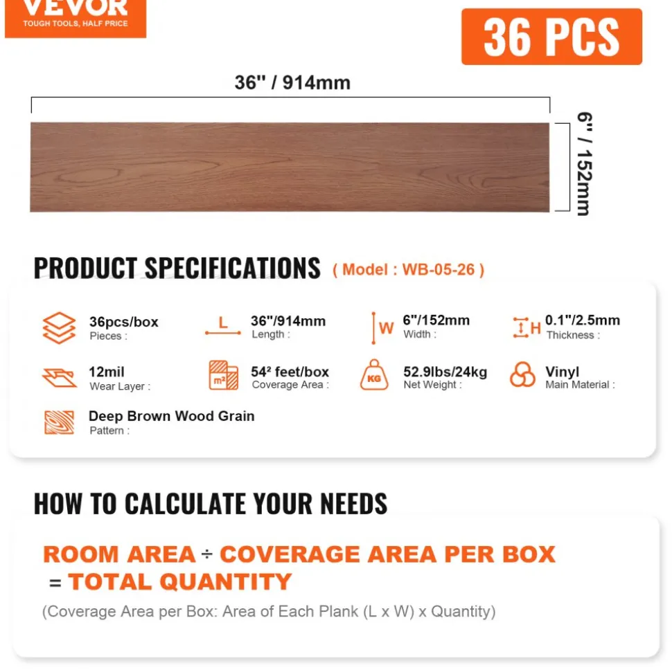 VEVOR Self Adhesive Vinyl Floor Tiles 390 x 23.6 inch, 1.5mm Thick Peel & Stick, Light Gray Wood Grain DIY Flooring for Kitchen, Dining Room, Bedrooms & Bathrooms, Easy for Home Decor