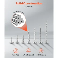VEVOR #8 Self Drilling Wood Screws, 3/4 Inch Long 350 PCS Truss Head Wood Screws, Phillips Drive Quick Metal Self Tapping Screw, Stainless Steel and Full Thread, Screwdriver Bit Included, Silver