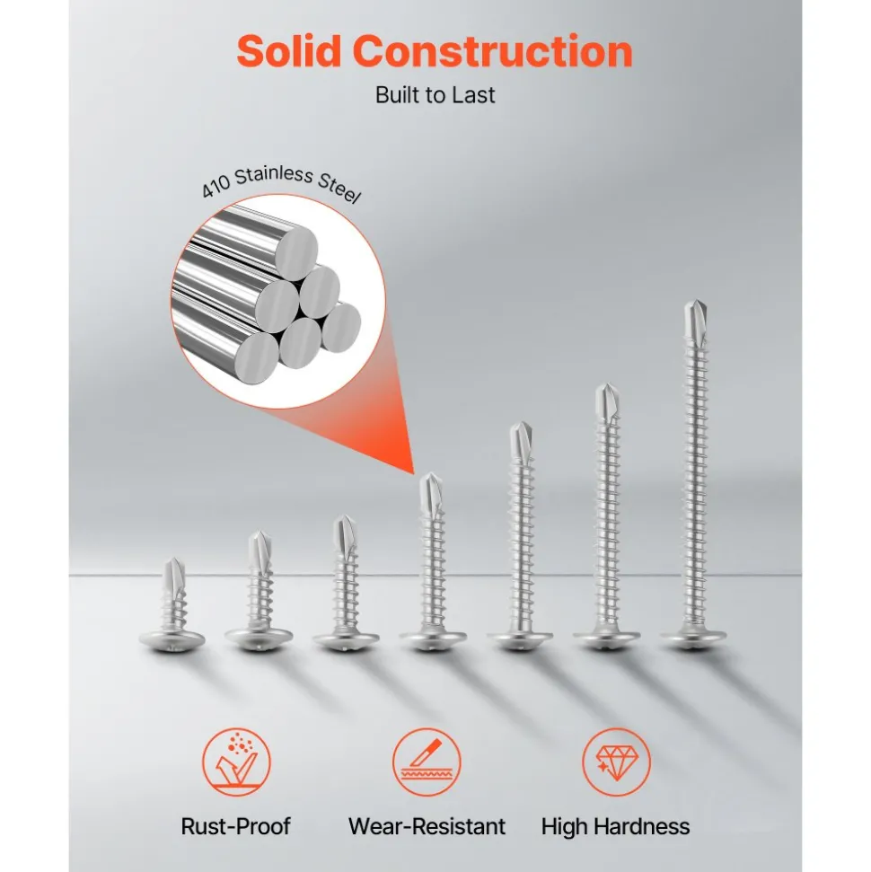VEVOR #8 Self Drilling Wood Screws, 3/4 Inch Long 350 PCS Truss Head Wood Screws, Phillips Drive Quick Metal Self Tapping Screw, Stainless Steel and Full Thread, Screwdriver Bit Included, Silver