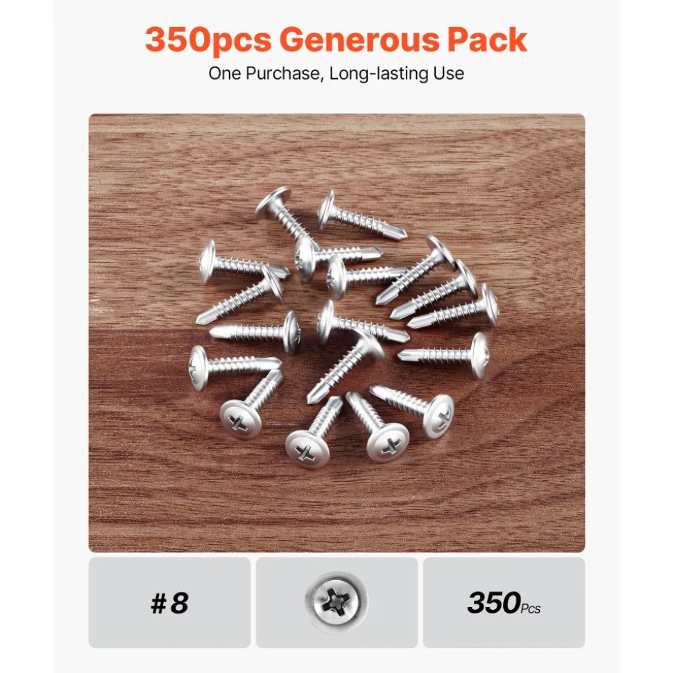 VEVOR #8 Self Drilling Wood Screws, 3/4 Inch Long 350 PCS Truss Head Wood Screws, Phillips Drive Quick Metal Self Tapping Screw, Stainless Steel and Full Thread, Screwdriver Bit Included, Silver