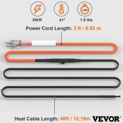 VEVOR Self-Regulating Pipe Heating Cable, 100-feet 5W/ft Heat Tape for Pipes Freeze Protection, Protects PVC Hose, Metal and Plastic Pipe from Freezing, 120V