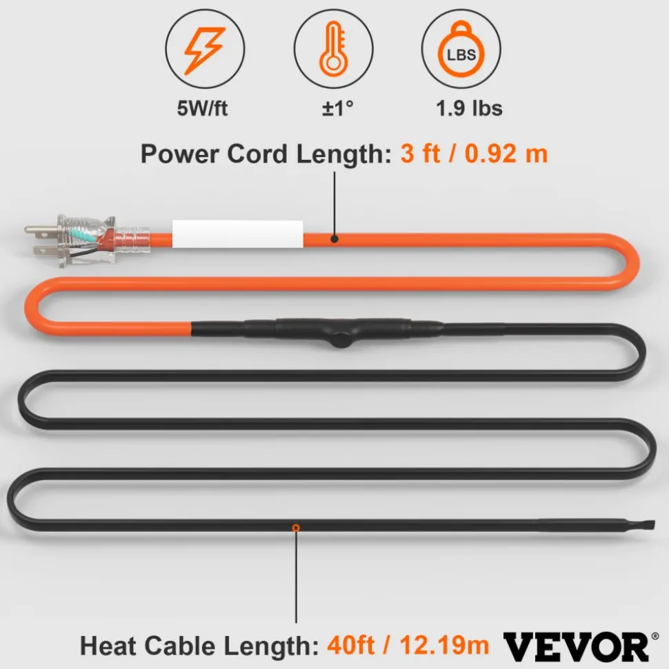 VEVOR Self-Regulating Pipe Heating Cable, 100-feet 5W/ft Heat Tape for Pipes Freeze Protection, Protects PVC Hose, Metal and Plastic Pipe from Freezing, 120V