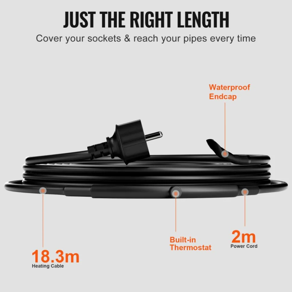 VEVOR Self-Regulating Pipe Heating Cable, 24FT 5W/FT Heat Tape for Pipes, Roof Snow Melting De-icing, Gutter and Pipe Freeze Protection