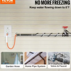 VEVOR Self-Regulating Pipe Heating Cable, 15FT 5W/FT Heat Tape for Pipes Freeze Protection, Water Pipe Heat Cable with Built-in Thermostat Protects PVC Hose, Metal and Plastic Pipe from Freezing