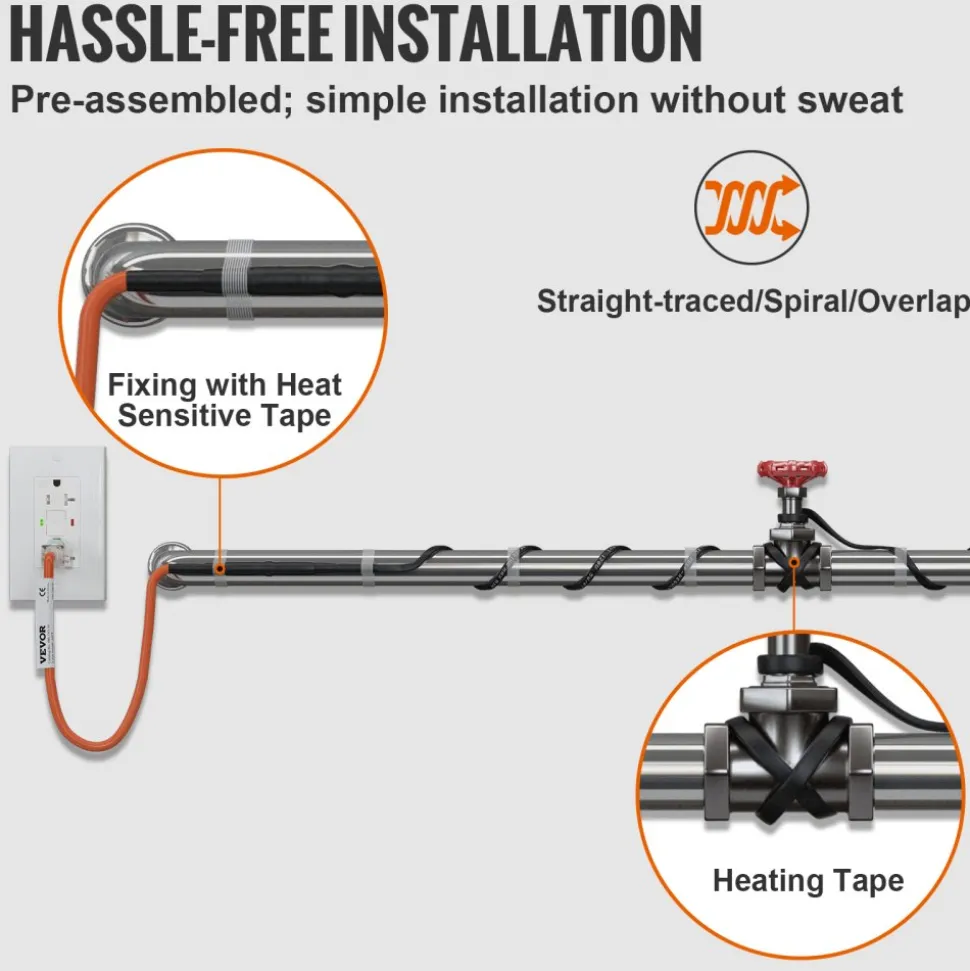 VEVOR Self-Regulating Pipe Heating Cable, 120-feet 5W/ft Heat Tape for Pipes Freeze Protection, Protects PVC Hose, Metal and Plastic Pipe from Freezing, 120V