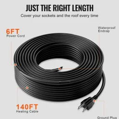 VEVOR Self-Regulating Pipe Heating Cable, 140FT 5W/FT Heat Tape for Pipes, Roof Snow Melting De-icing, Gutter and Pipe Freeze Protection