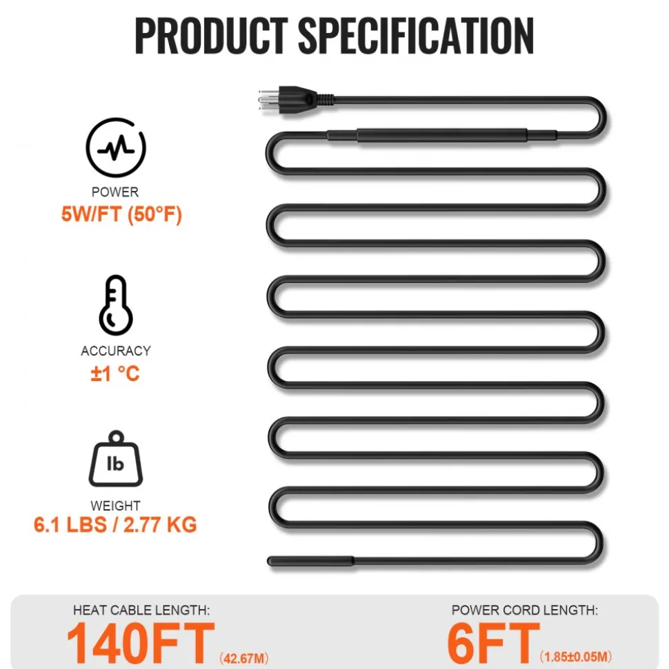 VEVOR Self-Regulating Pipe Heating Cable, 80FT 5W/FT Heat Tape for Pipes, Roof Snow Melting De-icing, Gutter and Pipe Freeze Protection