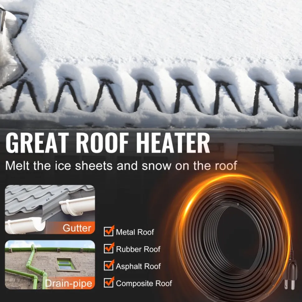 VEVOR Self-Regulating Pipe Heating Cable, 50FT 5W/FT Heat Tape for Pipes, Roof Snow Melting De-icing, Gutter and Pipe Freeze Protection