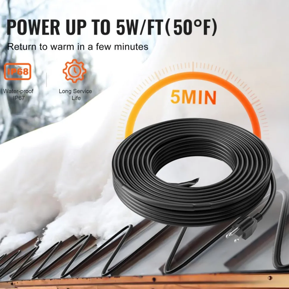 VEVOR Self-Regulating Pipe Heating Cable, 50FT 5W/FT Heat Tape for Pipes, Roof Snow Melting De-icing, Gutter and Pipe Freeze Protection