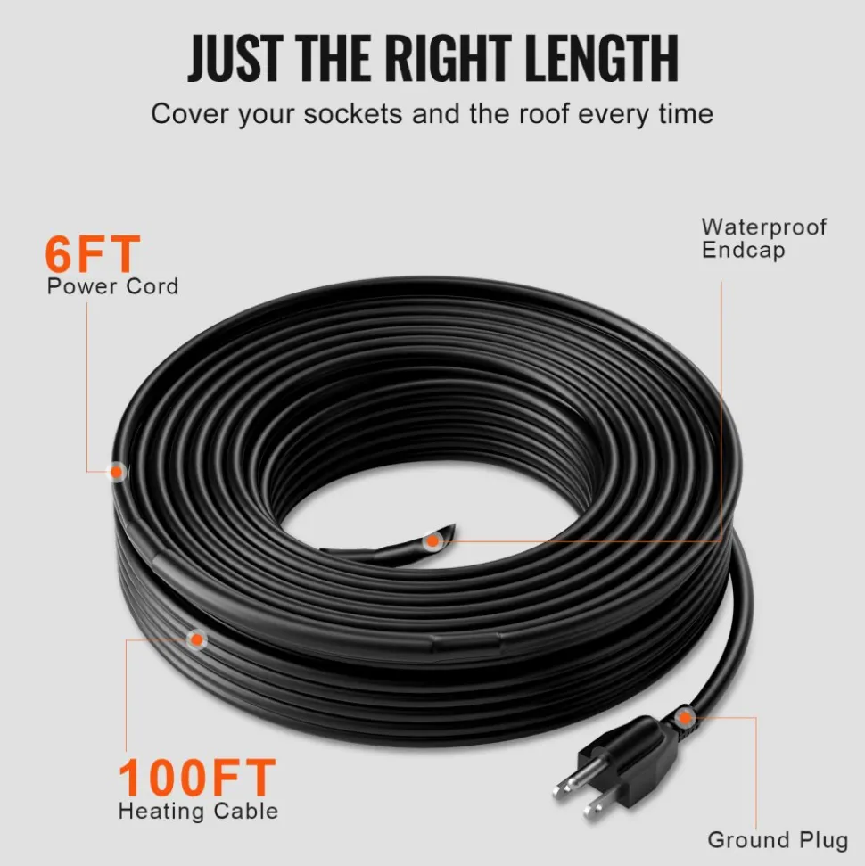 VEVOR Self-Regulating Pipe Heating Cable, 100FT 5W/FT Heat Tape for Pipes, Roof Snow Melting De-icing, Gutter and Pipe Freeze Protection