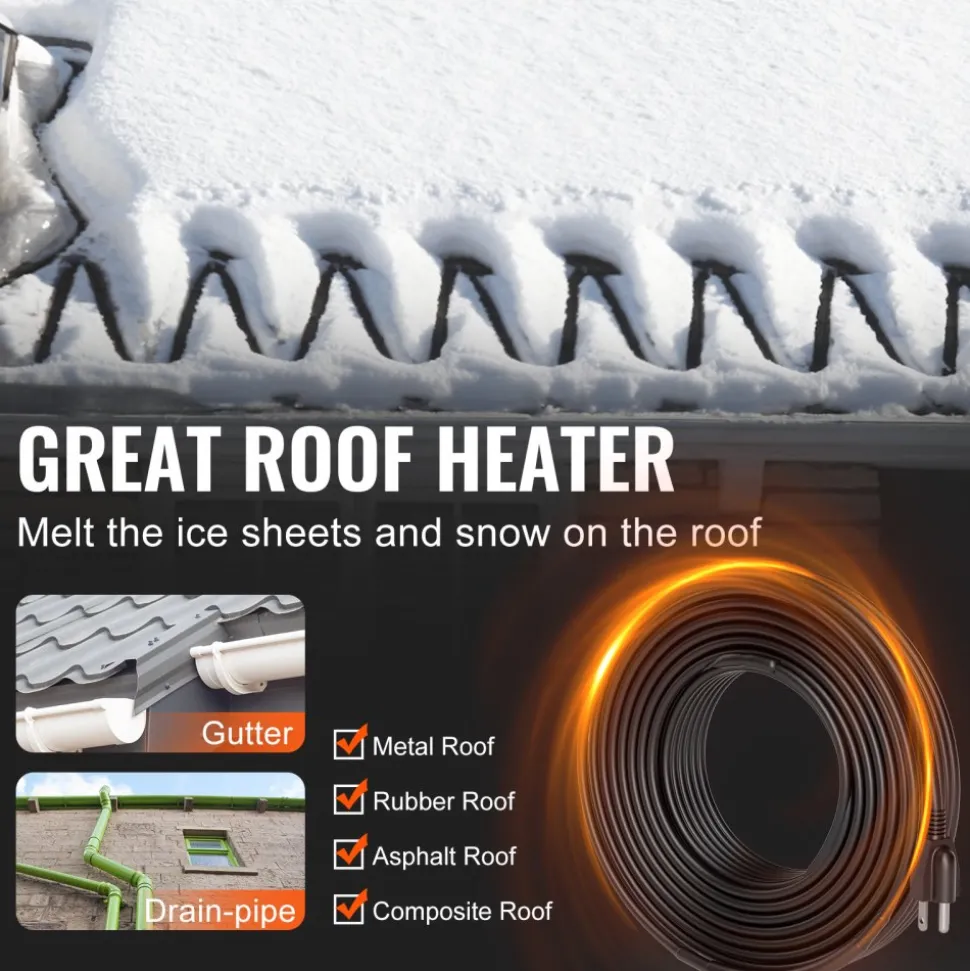 VEVOR Self-Regulating Pipe Heating Cable, 100FT 5W/FT Heat Tape for Pipes, Roof Snow Melting De-icing, Gutter and Pipe Freeze Protection