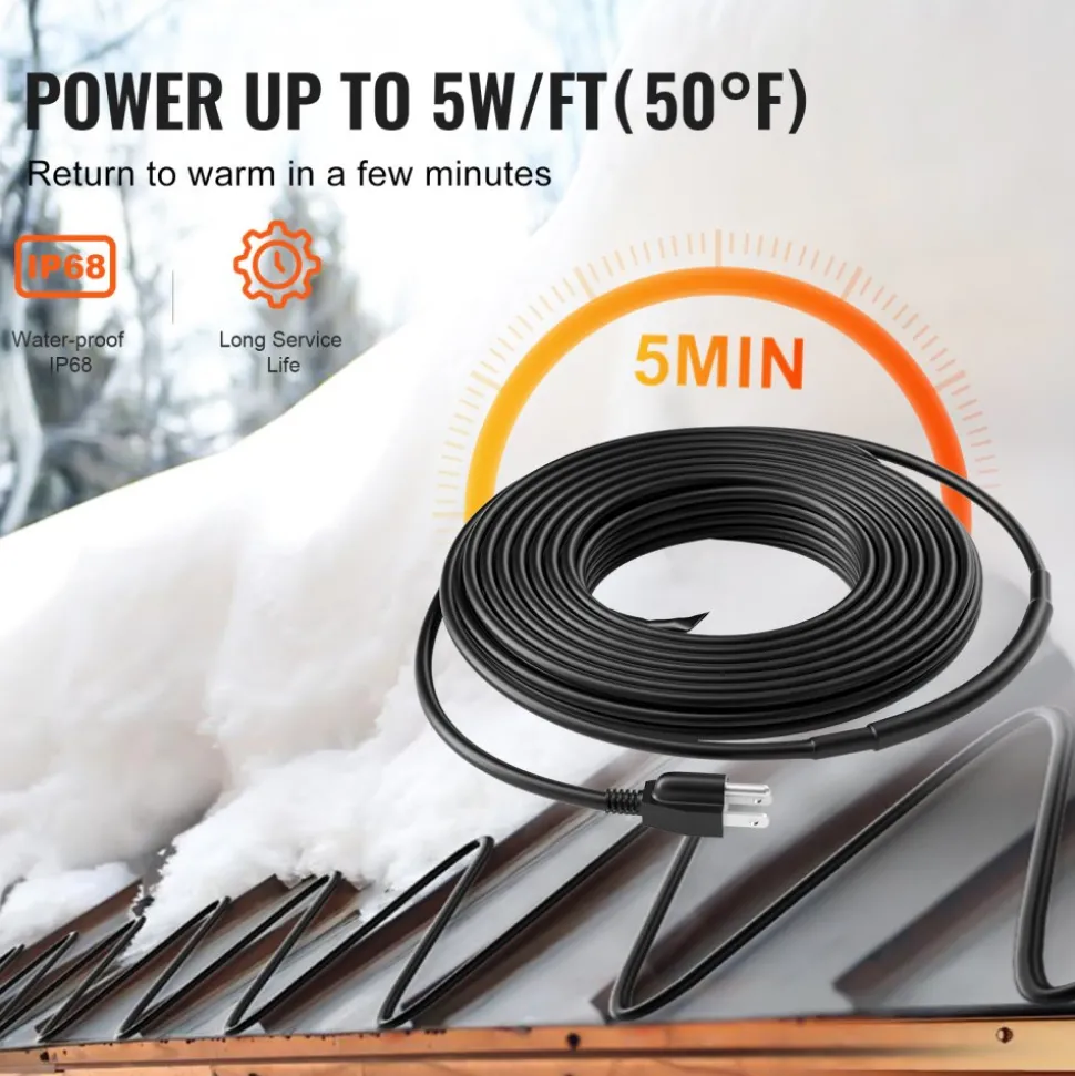 VEVOR Self-Regulating Pipe Heating Cable, 9FT 5W/FT Heat Tape for Pipes Freeze Protection, Water Pipe Heat Cable with Built-in Thermostat Protects PVC Hose, Metal and Plastic Pipe from Freezing