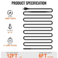 VEVOR Self-Regulating Pipe Heating Cable, 9FT 5W/FT Heat Tape for Pipes Freeze Protection, Water Pipe Heat Cable with Built-in Thermostat Protects PVC Hose, Metal and Plastic Pipe from Freezing