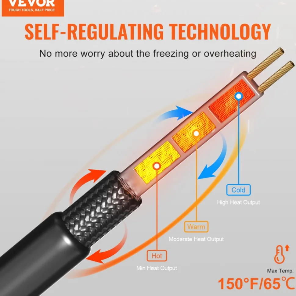 VEVOR Self-Regulating Pipe Heating Cable, 9FT 5W/FT Heat Tape for Pipes Freeze Protection, Water Pipe Heat Cable with Built-in Thermostat Protects PVC Hose, Metal and Plastic Pipe from Freezing