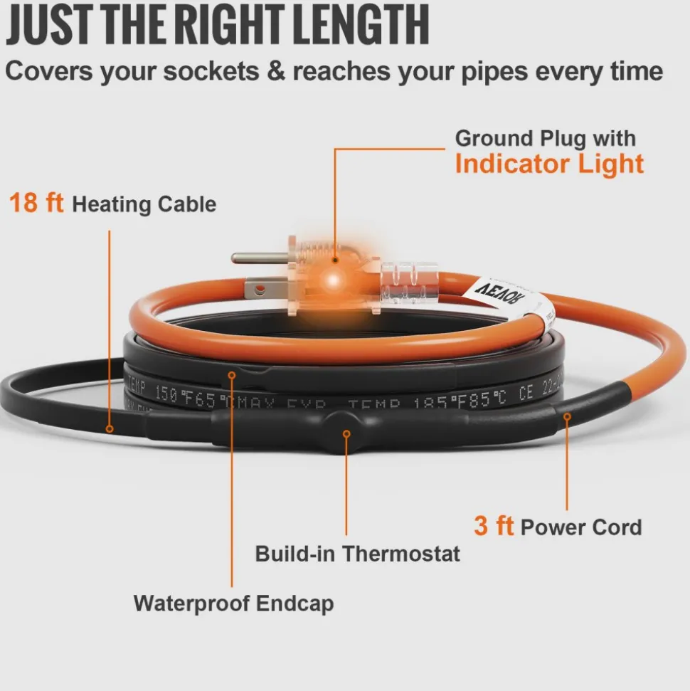 VEVOR Self-Regulating Pipe Heating Cable, 120FT 5W/FT Heat Tape for Pipes, Roof Snow Melting De-icing, Gutter and Pipe Freeze Protection