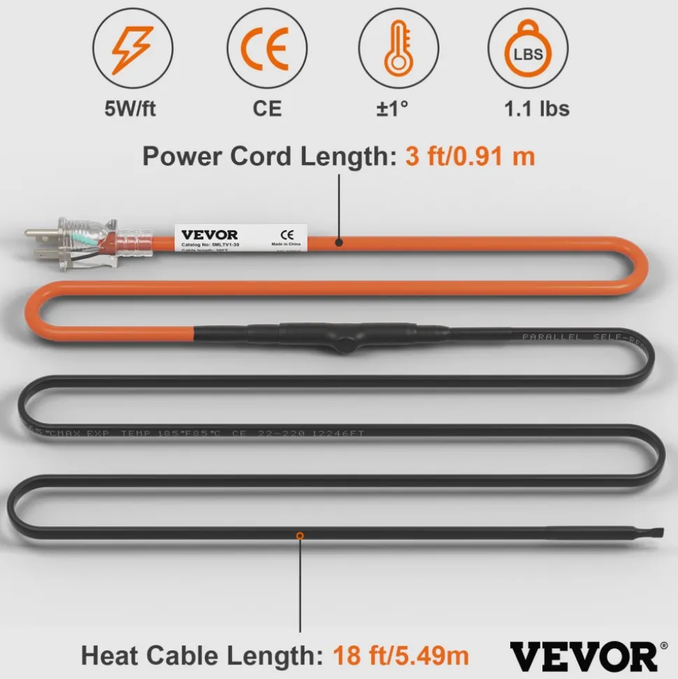 VEVOR Self-Regulating Pipe Heating Cable, 120FT 5W/FT Heat Tape for Pipes, Roof Snow Melting De-icing, Gutter and Pipe Freeze Protection