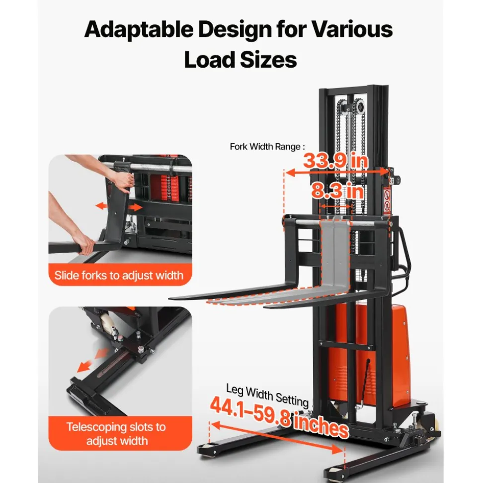 VEVOR Semi Electric Pallet Stacker, 3300 lbs Load Capacity, Pallet Lift Stacker Forklift with Straddle Legs, 96.06 Inches Lifting Height & 8.3-33.86 Inches Adjustable Fork Width, Orange & Black