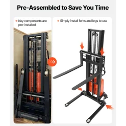 VEVOR Semi Electric Pallet Stacker, 3300 lbs Load Capacity, Pallet Lift Stacker Forklift with Straddle Legs, 96.06 Inches Lifting Height & 8.3-33.86 Inches Adjustable Fork Width, Orange & Black