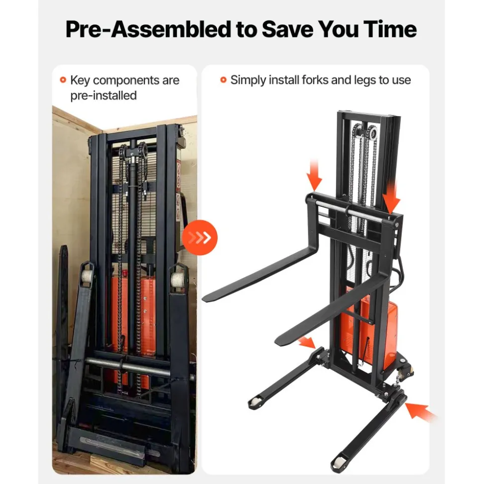 VEVOR Semi Electric Pallet Stacker, 3300 lbs Load Capacity, Pallet Lift Stacker Forklift with Straddle Legs, 96.06 Inches Lifting Height & 8.3-33.86 Inches Adjustable Fork Width, Orange & Black