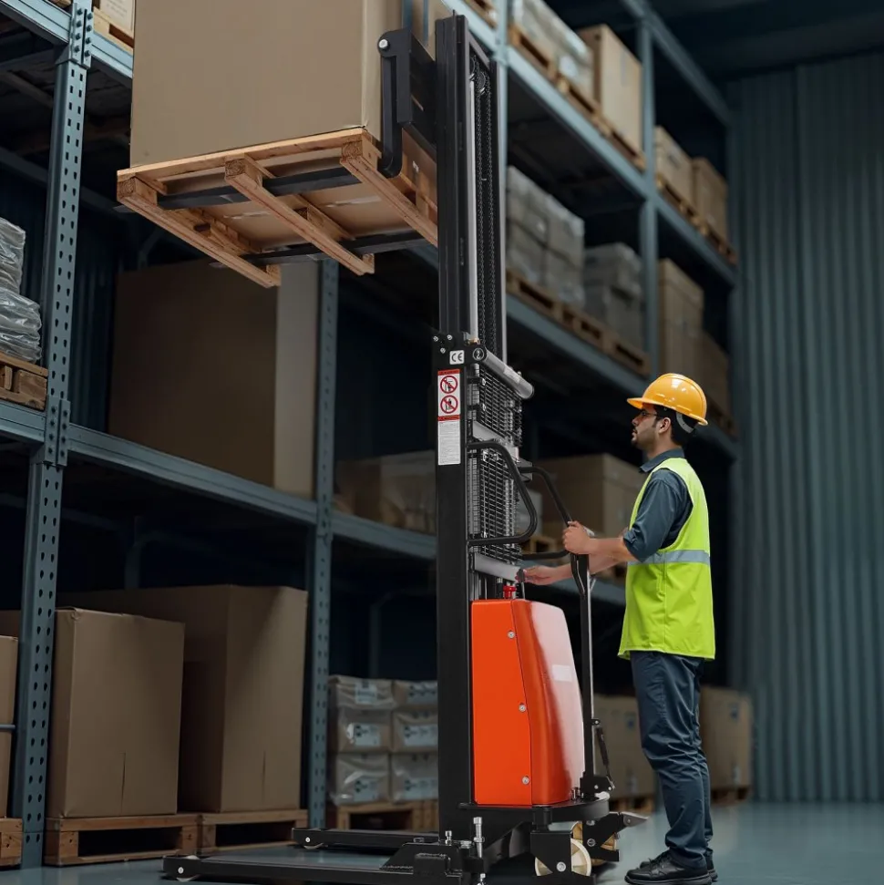 VEVOR Semi Electric Pallet Stacker, 3300 lbs Load Capacity, Pallet Lift Stacker Forklift with Straddle Legs, 96.06 Inches Lifting Height & 8.3-33.86 Inches Adjustable Fork Width, Orange & Black