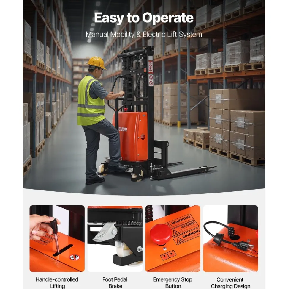VEVOR Semi Electric Pallet Stacker, 3300 lbs Load Capacity, Pallet Lift Stacker Forklift with Straddle Legs, 96.06 Inches Lifting Height & 8.3-33.86 Inches Adjustable Fork Width, Orange & Black