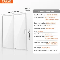 VEVOR Semi-frameless Shower Door, 57.7-59 W x 70 H in, Shower Sliding Glass Door with 1/4 in(6mm) Clear Tempered Glass, Waterproof Shatterproof NANO Stainproof with Stainless Steel Hardware, Chrome