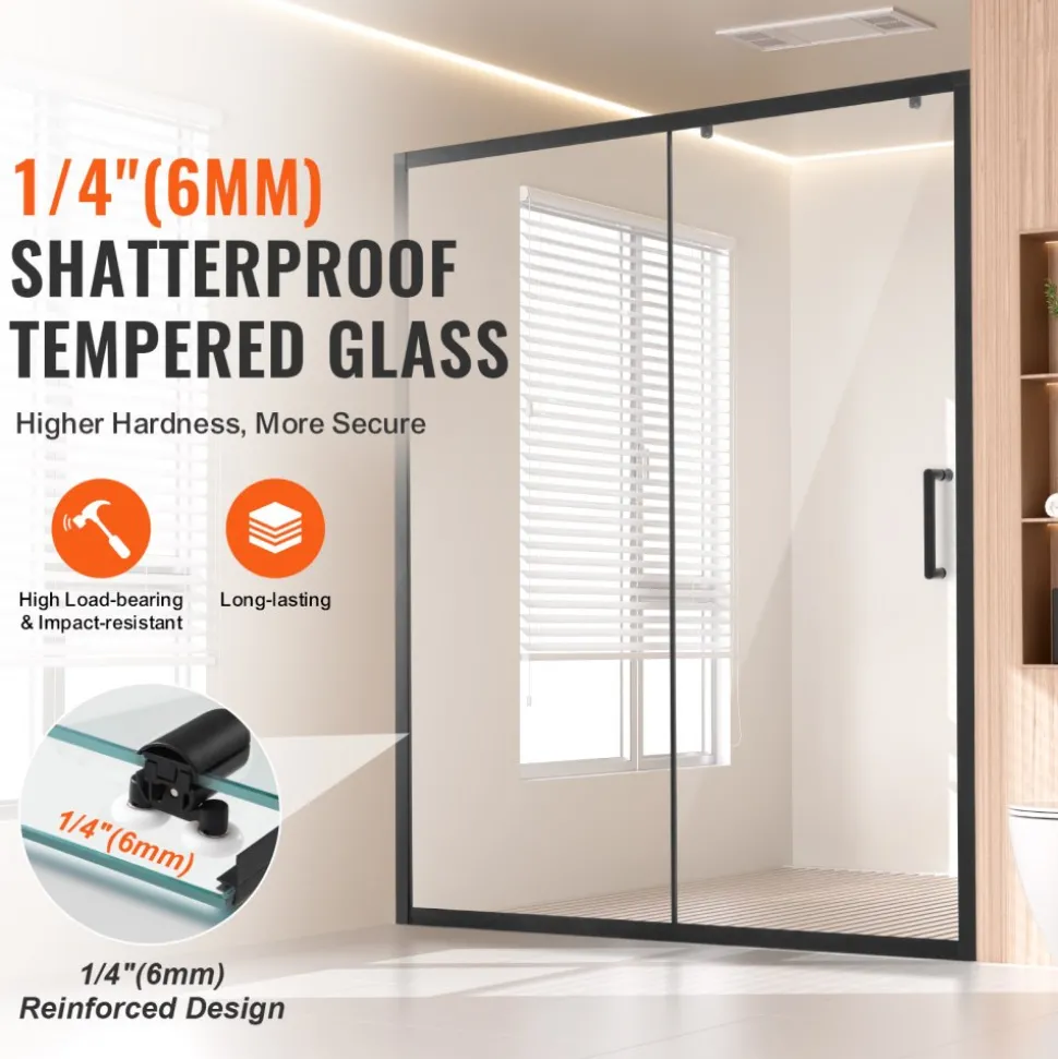VEVOR Semi-frameless Shower Door, 57.7-59 W x 70 H in, Shower Sliding Glass Door with 1/4 in(6mm) Clear Tempered Glass, Waterproof Shatterproof Stainproof with Stainless Steel Hardware, Matte Black