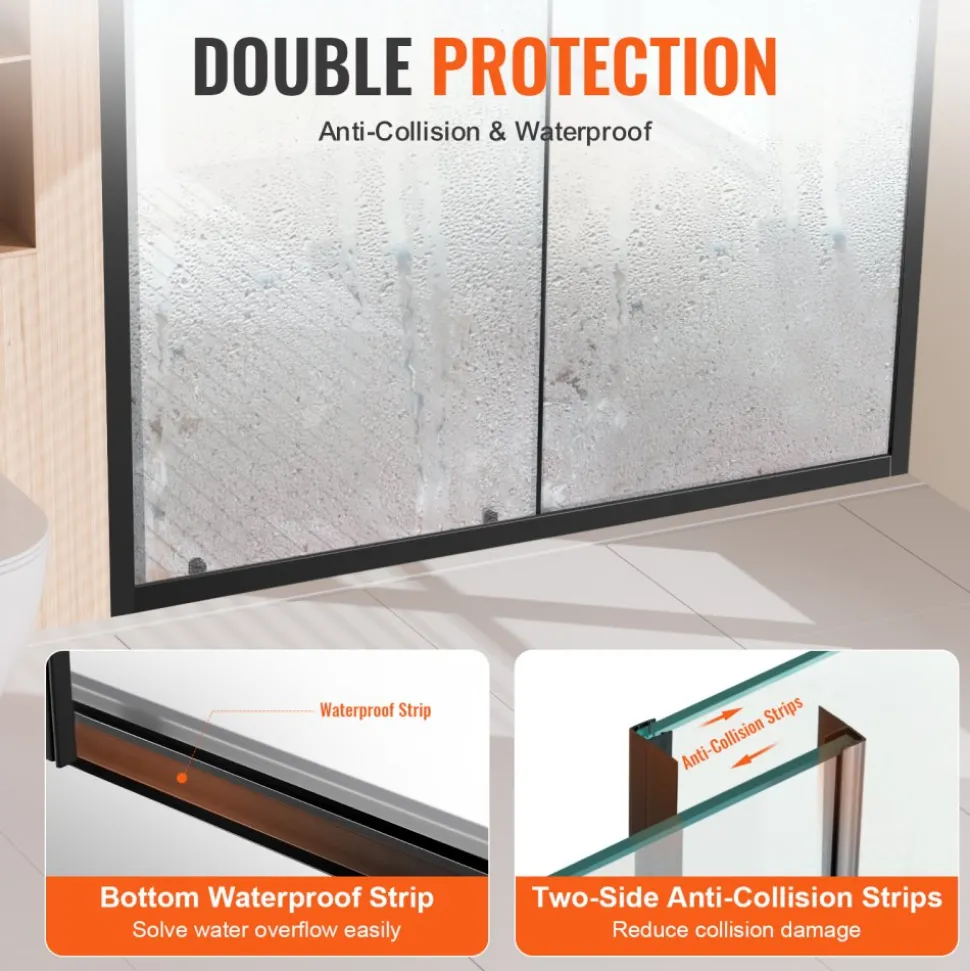 VEVOR Semi-frameless Shower Door, 57.7-59 W x 70 H in, Shower Sliding Glass Door with 1/4 in(6mm) Clear Tempered Glass, Waterproof Shatterproof Stainproof with Stainless Steel Hardware, Matte Black