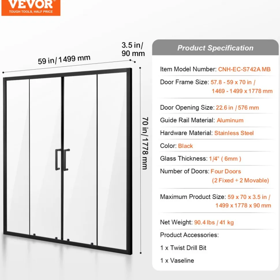 VEVOR Semi-frameless Shower Door, 57.8-59 W x 70 H in, Double Sliding Glass Door with 1/4 in(6mm) Clear Tempered Glass, Waterproof Shatterproof Stainproof with Stainless Steel Hardware, Matte Black