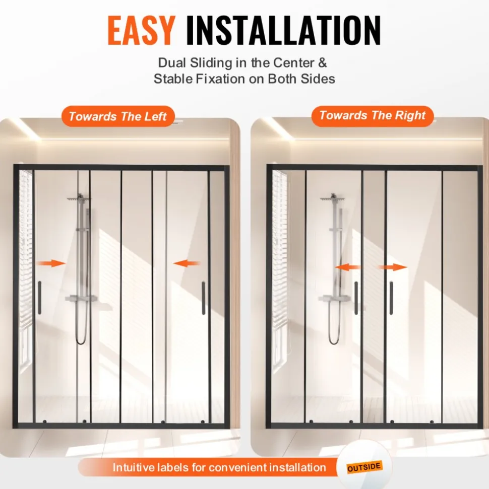 VEVOR Semi-frameless Shower Door, 57.8-59 W x 70 H in, Double Sliding Glass Door with 1/4 in(6mm) Clear Tempered Glass, Waterproof Shatterproof Stainproof with Stainless Steel Hardware, Matte Black