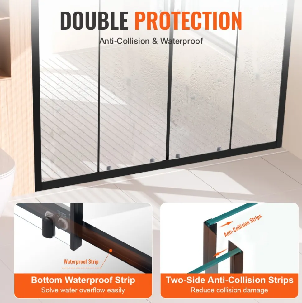 VEVOR Semi-frameless Shower Door, 57.8-59 W x 70 H in, Double Sliding Glass Door with 1/4 in(6mm) Clear Tempered Glass, Waterproof Shatterproof Stainproof with Stainless Steel Hardware, Matte Black