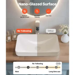 VEVOR Semi Recessed Bathroom Sink, 19.29 x 12.01 Inch Rectangular White Ceramic Vessel Sink with 1-3/4 Inch Drain Hole, Drop in Modern Lavatory Vanity Bath Wash Bowl Basin, Rectangle for Small Space