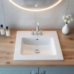 VEVOR Semi Recessed Bathroom Sink, 19.09 x 16.73 Inch Oval White Ceramic Vessel Sink with Overflow Hole and 3 Faucet Holes, Drop in Modern Lavatory Vanity Bath Wash Bowl Basin, Ideal for Small Spaces