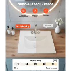 VEVOR Semi Recessed Bathroom Sink, 19.09 x 16.73 Inch Oval White Ceramic Vessel Sink with Overflow Hole and 3 Faucet Holes, Drop in Modern Lavatory Vanity Bath Wash Bowl Basin, Ideal for Small Spaces