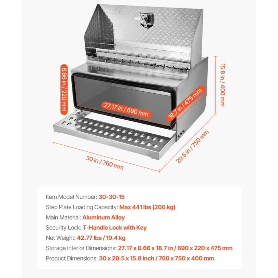 VEVOR Semi-Truck Step Tool Box, 30" x 29.5" x 15.8" Heavy Duty Aluminum Diamond Plate Toolbox, Waterproof Cab Entry Step Storage Box with T-Handle Lock & Keys for Flatbed, Crane, and Semi Trucks