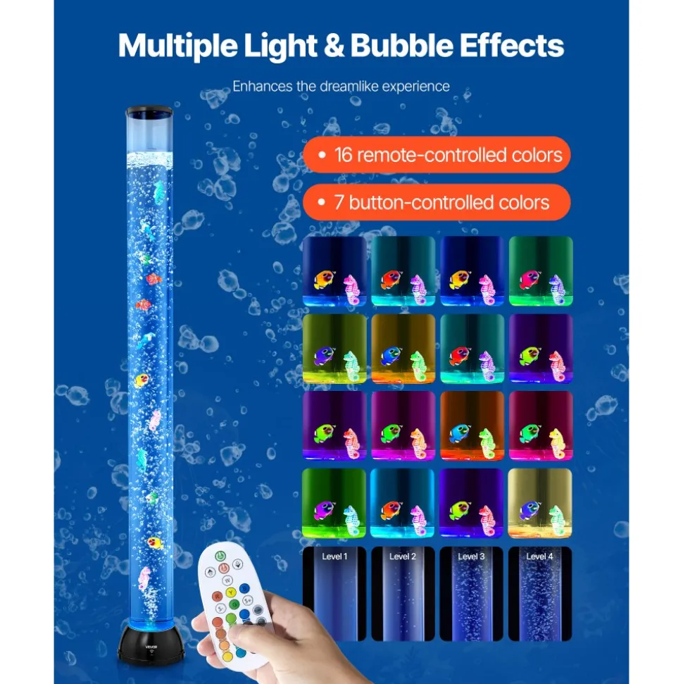VEVOR Sensory Bubble Tube Lamp, 4 ft Bubble Fish Tube, Sensory Aquarium Lamp with 10 Floating Fish & 16 Color Effects, Remote Control, Stress Relief Calming Light for Bedroom Living Room Home Decor