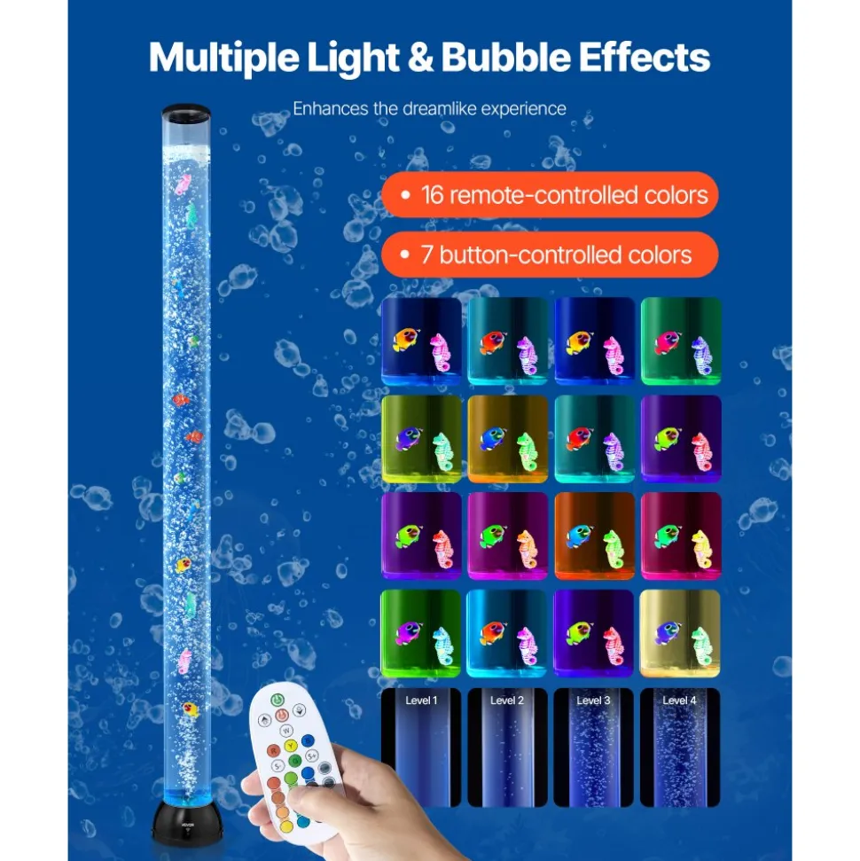 VEVOR Sensory Bubble Tube Lamp, 5 ft Bubble Fish Tube, Sensory Aquarium Lamp with 10 Floating Fish & 16 Color Effects, Remote Control, Stress Relief Calming Light for Bedroom Living Room Home Decor