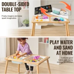 VEVOR Sensory Table for Toddlers, Kids Activity Table with 3 Foldable Storage Bins & Double-Sided Board, Indoor/Outdoor Play Sand and Water Table, Wooden Kids Sensory Table for Drawing Studying Dining