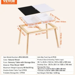 VEVOR Sensory Table for Toddlers, Kids Activity Table with 3 Foldable Storage Bins & Double-Sided Board, Indoor/Outdoor Play Sand and Water Table, Wooden Kids Sensory Table for Drawing Studying Dining