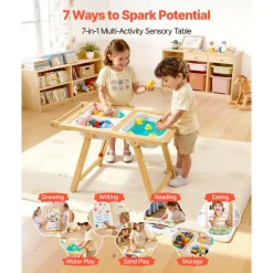 VEVOR Sensory Table for Toddlers, Wooden Kids Activity Table and Art Easel with Reversible Double-Sided Board, Storage Bins, for Boys and Girls Playing Sand and Water, Drawing, Studying, Dining