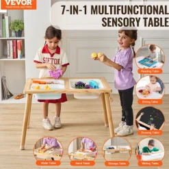 VEVOR Sensory Table for Toddlers, Kids Activity Table with 3 Foldable Storage Bins & Paper Roll Holder, Indoor/Outdoor Play Sand and Water Table, Wooden Kids Sensory Drawing Table, Gift for Boys Girls