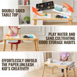VEVOR Sensory Table for Toddlers, Kids Activity Table with 3 Foldable Storage Bins & Paper Roll Holder, Indoor/Outdoor Play Sand and Water Table, Wooden Kids Sensory Drawing Table, Gift for Boys Girls