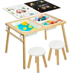 VEVOR Sensory Table for Toddlers, Wooden Kids Activity Table with 2 Stools, Double-Sided Board, Storage Bins, and Non-Slip Feet, for Boys and Girls Playing Sand and Water, Drawing, Studying, Dining