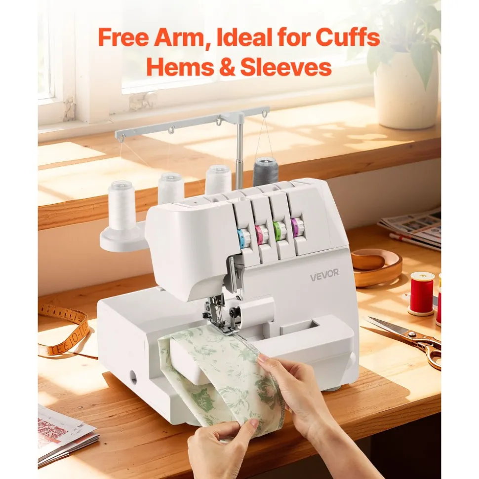 VEVOR Serger Overlock Sewing Machine, 1250 Stitches Per Minute, 2-3-4 Thread Capability, 0.7-2 Adjustable Differential Feed, with Free Arm and LED Light, Sewing Machine for Various Fabrics, White