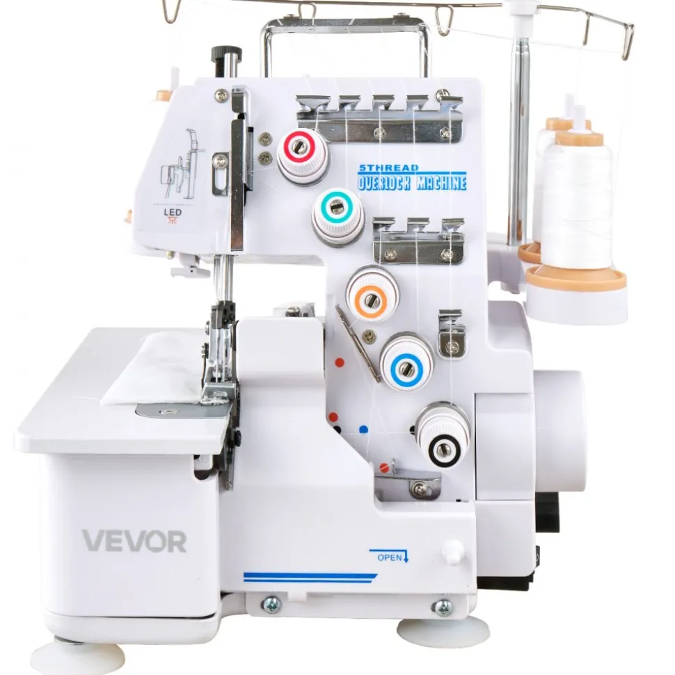 VEVOR Serger Overlock Sewing Machine, 1250 Stitches Per Minute, 2-3-5 Thread Capability, with LED Light and Strong Suction Feet, Heavy-Duty Metal Frame Sewing Machine for Various Fabrics, White